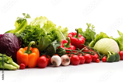 Border design of fresh vegetables, isolated on white. AI generated