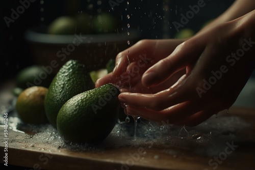 Hands of woman washing ripe avocados under faucet in the sink kitchen. made with generative AI