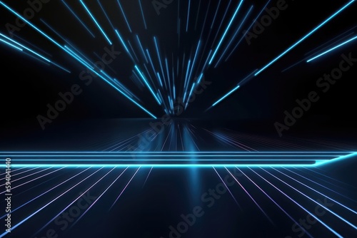 Dark background with lines and spotlights, neon light, night view. AI generated