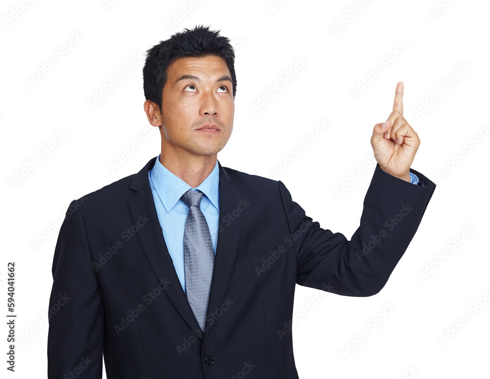 Asian businessman, hand or pointing up to finance investment, loan or insurance deal offers. Finger, hand or Japanese worker showing marketing or advertising isolated on transparent png background Asian businessman, hand or pointing up to finance investment, loan or insurance deal offers. Finger, hand or Japanese worker showing marketing or advertising isolated on transparent png background