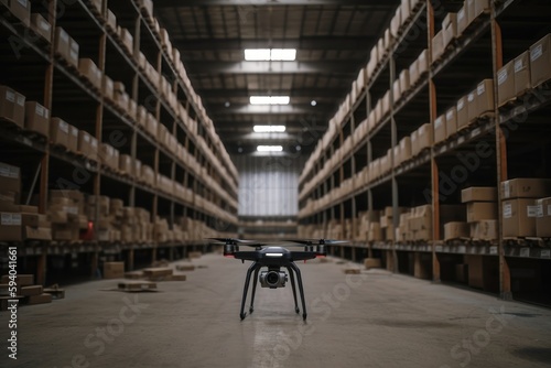 Small fpv drone flying through a warehouse. AI generated