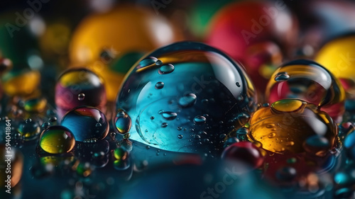 Bubbles of oil in a colored liquid and lighting in macro photography. Generative Ai