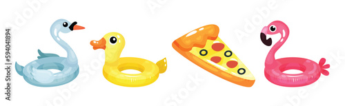 Inflatable Swimming Accessories with Rubber Ring and Mattress Vector Set