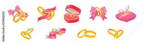 Wedding and Engagement Golden Rings with Silk Pink Ribbon Vector Set