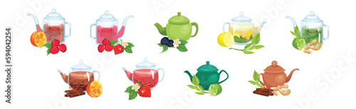 Glass Teapot with Herbal and Berry Tea Brewing Vector Set