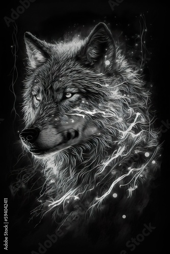 Wolf black and white picture with light effects starring to the side