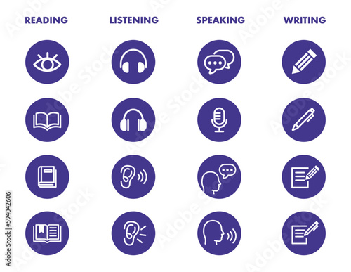 Language skill icon set speaking listening reading writing education test logo vector illustration circle symbol	