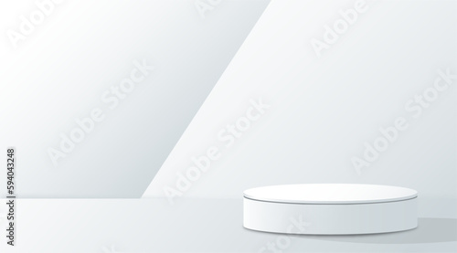 White realistic 3d cylinder pedestal podium. Abstract vector rendering geometric forms. Pastel minimal scene. Stage for showcase, Product display