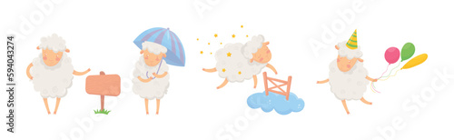 Funny Fluffy Sheep Character Engaged in Different Activity Vector Set