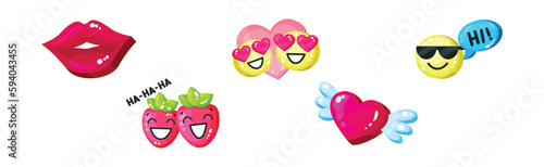 Cute Glossy Sticker with Heart, Smiley, Lips and Strawberry Vector Set