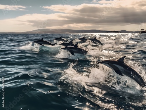 Common dolphins work together as a team to migrate , Wild Coast. AI generated