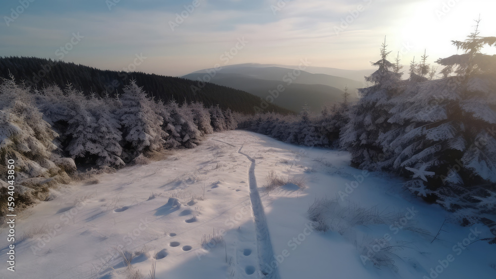 Beautiful sunrise at winter misty fog mountains landscape. Generative AI Beautiful sunrise at winter misty fog mountains landscape. Generative AI