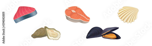 Seafood with Tuna, Salmon, Oyster and Scallop Vector Set