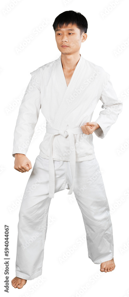Asian Karate fighter in White Kimono on white background Asian Karate fighter in White Kimono on white background