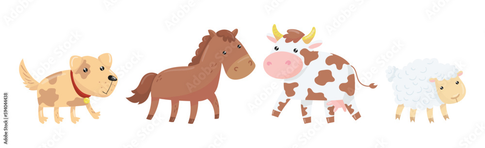 Farm Animal with Horse, Cow, Sheep and Dog Vector Set Farm Animal with Horse, Cow, Sheep and Dog Vector Set