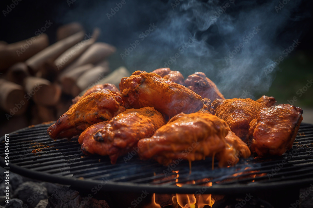 Chicken pieces, chicken wings on a grill grate, fire and smoke. Cooking buffalo wings. Generative AI. Chicken pieces, chicken wings on a grill grate, fire and smoke. Cooking buffalo wings. Generative AI.
