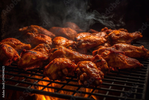 Chicken pieces, chicken wings on a grill grate, fire and smoke. Cooking buffalo wings. Generative AI.