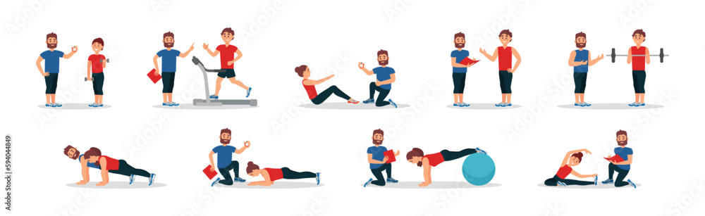 Bearded Man as Fitness Trainer or Сoach Giving Instructions in Gym Vector Illustration Set Bearded Man as Fitness Trainer or Сoach Giving Instructions in Gym Vector Illustration Set