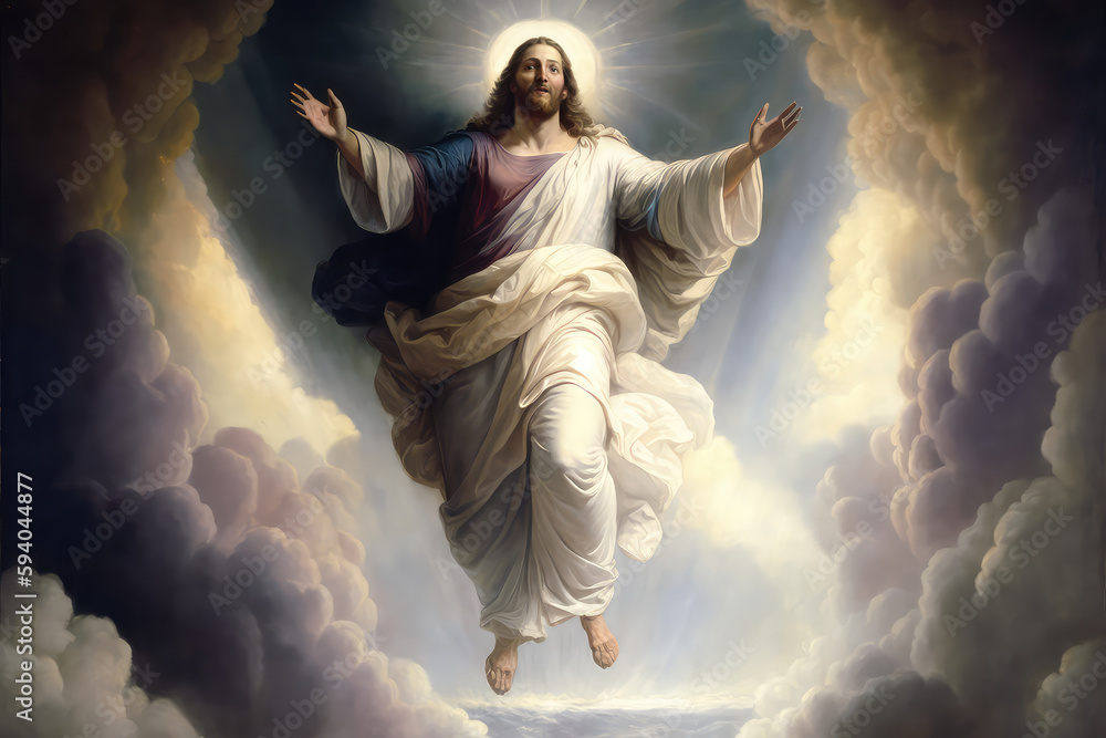 illustration painting of The resurrected Jesus Christ ascending to heaven above the bright light sky and clouds and God, Heaven and Second Coming concept (ai generated) - obrazy, fototapety, plakaty 