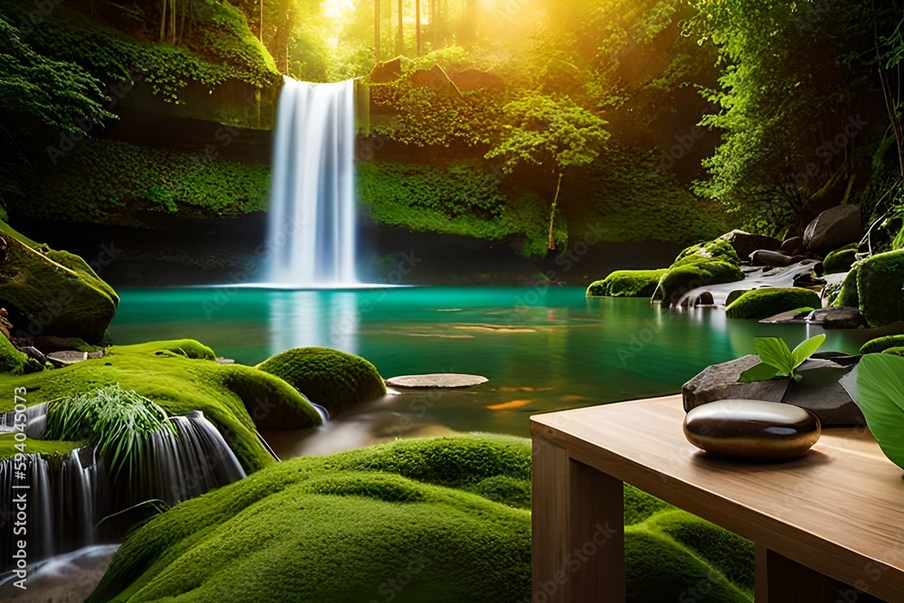 Eine grüne Oase im Wald mit Wasserfall für frische Produkte Eine grüne Oase im Wald mit Wasserfall für frische Produkte
