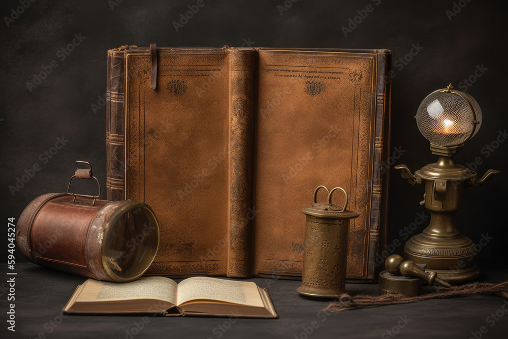 Steampunk themed mockup with a vintage book, a stack of grungy paper and antique brass items on a dark metal background