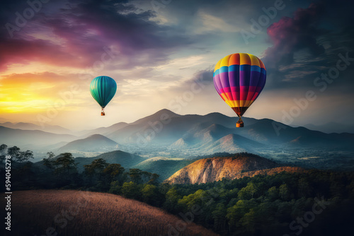 Colorful hot air balloons flying over mountain at sunset. (ai generated) © ImagineDesign