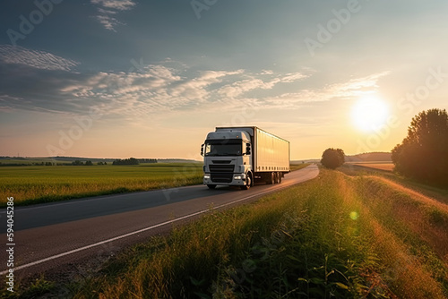Loaded European truck on motorway in sunset, AI Generative © DarkKnight