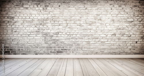 Old grunge white horizontal brick wall background in a room with wooden floor, Generative AI