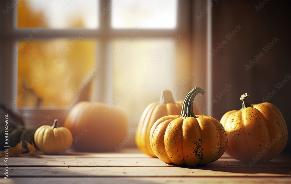 Ripe pumpkins on the table in a kitchen, Generative AI - obrazy, fototapety, plakaty 