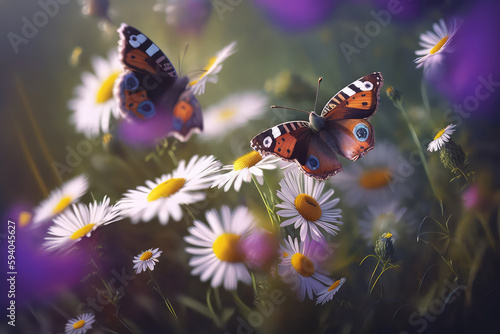 Beautiful wild flowers chamomile, purple wild peas, butterfly in morning haze in nature close-up macro. Landscape wide format. (ai generated) © ImagineDesign