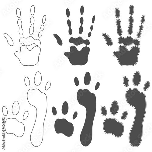 Set of black and white illustration with print of alien hand and feet. Isolated vector objects on white background.