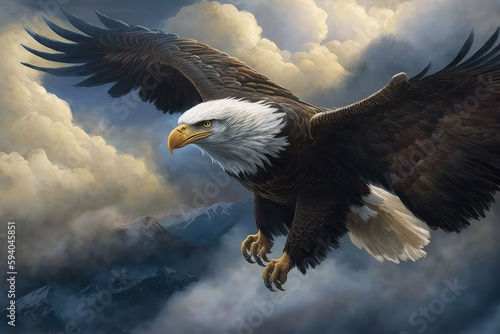 closeup of a bald eagle flying in a cloudy sky  ai generated 