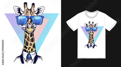 Canvas Print Portrait of a cool giraffe, t-shirt composition, hand drawn style print, vector illustration