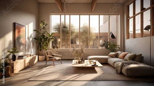 Mockup Canvas Art in a Modern Rustic Living Room with Stunning Views Created using generative AI 