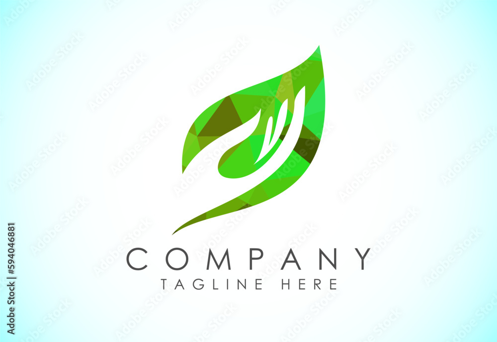 Low poly hand with Leaf logo design vector template Low poly hand with Leaf logo design vector template
