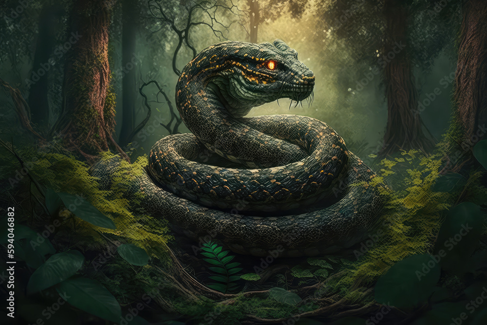 digital painting of anaconda in the forest in the dead landscape. (ai generated)