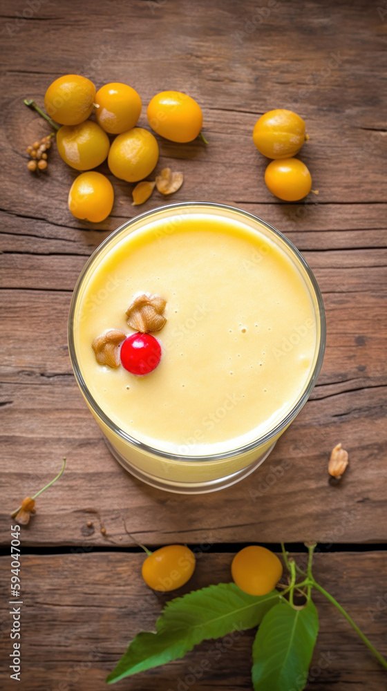 Fresh Peruvian Ground Cherry Smoothie on a Rustic Wooden Table Fresh Peruvian Ground Cherry Smoothie on a Rustic Wooden Table