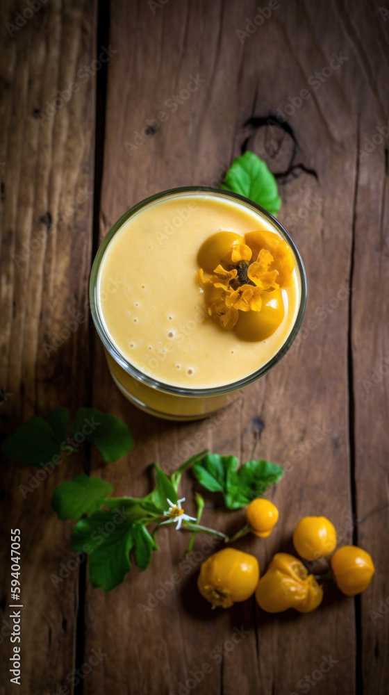 Fresh Peruvian Ground Cherry Smoothie on a Rustic Wooden Table Fresh Peruvian Ground Cherry Smoothie on a Rustic Wooden Table