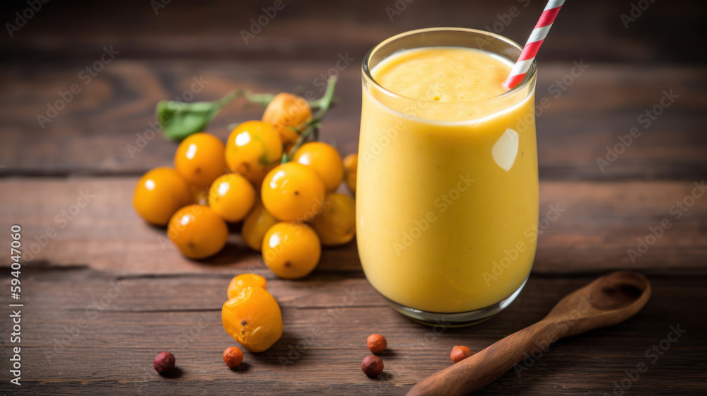 Fototapeta premium Fresh Peruvian Ground Cherry Smoothie on a Rustic Wooden Table