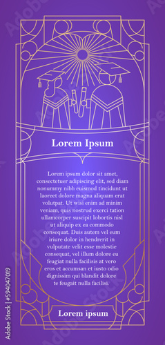 Ornate graduation line art ticket design on violet background.