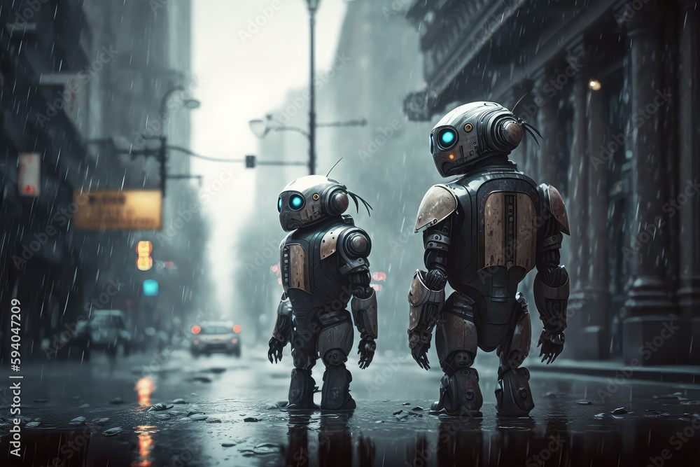 illustration painting of two robots talking on the streets of an abandoned futuristic city on a rainy day., digital art style. (ai generated) illustration painting of two robots talking on the streets of an abandoned futuristic city on a rainy day., digital art style. (ai generated)