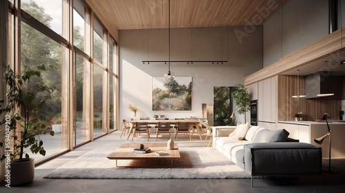 Perfectly Mocked-up Canvas Art in a Comfortable Living Room with Sustainable Furniture and a Large Outdoor Deck Created using generative AI © OntheBrink