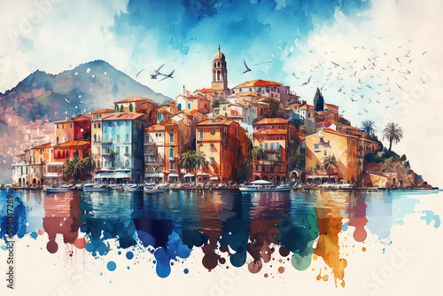 illustration painting of the town near the sea, art of water color (ai generated) © ImagineDesign