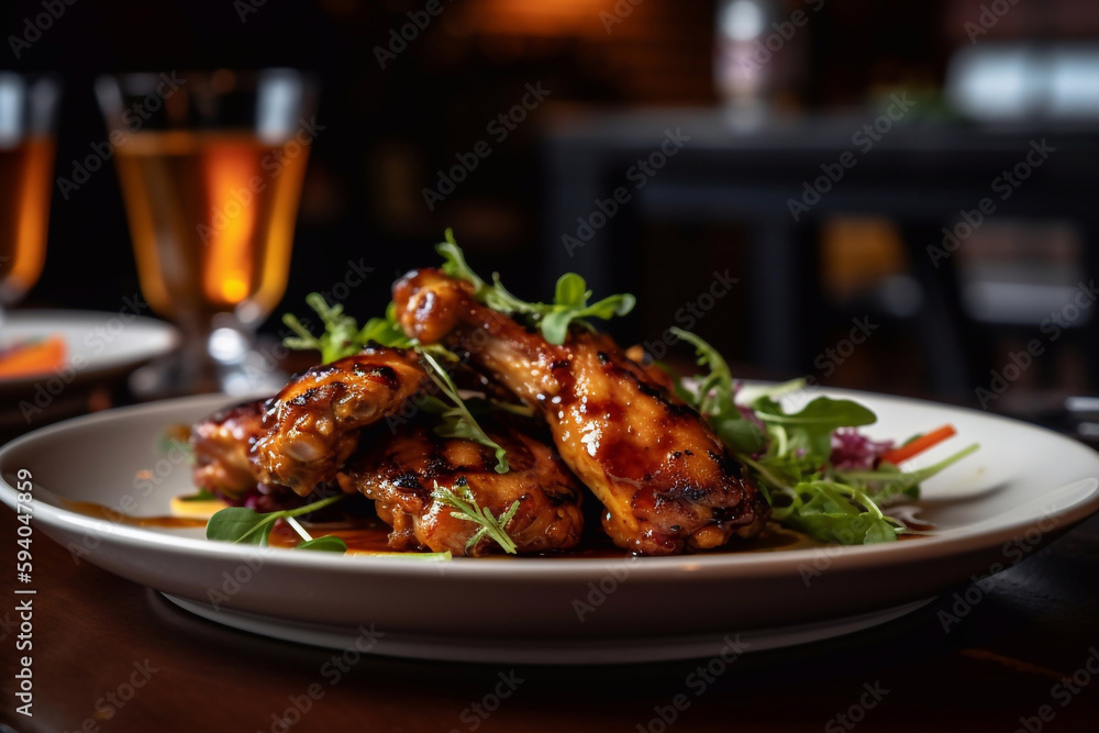 Buffalo chicken wings on a plate in a restaurant, serving close-up. Generative AI.