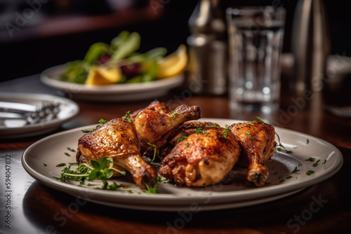 Buffalo chicken wings on a plate in a restaurant, serving close-up. Generative AI.