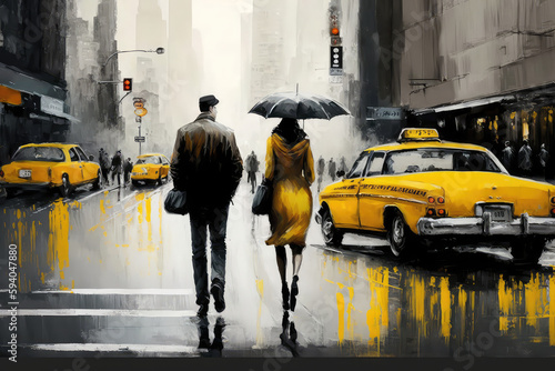 illustration painting on canvas, street view of New York, man and woman, yellow taxi, modern Artwork, American city, illustration New York (ai generated)