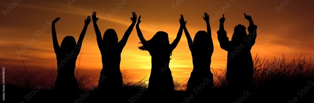 Folk Sunset: Silhouette of People with Raised Hands in a Whimsical Setting (AI Generated).