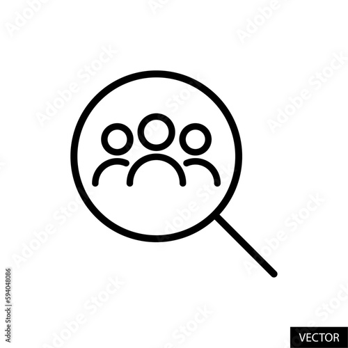 Magnifying glass looking for people vector icon in line style design for website, app, ui, isolated on white background. Editable stroke. Vector illustration.