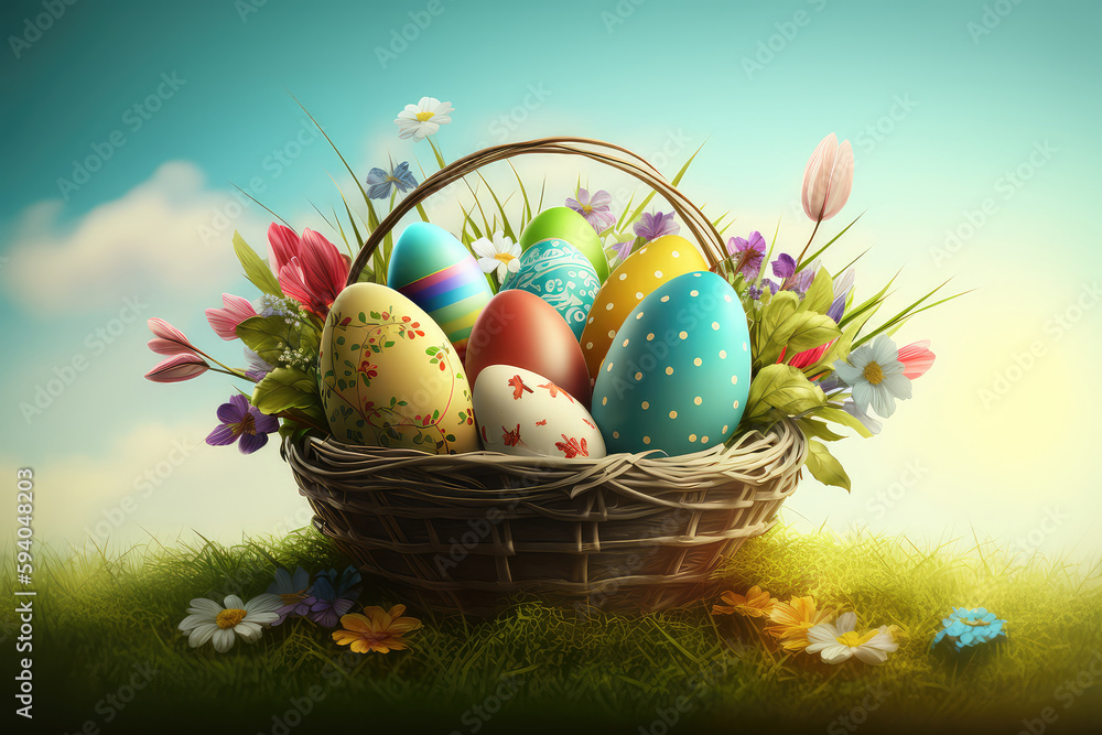 Easter - Painted Eggs In Basket On Grass In Sunny Orchard (ai generated) Easter - Painted Eggs In Basket On Grass In Sunny Orchard (ai generated)