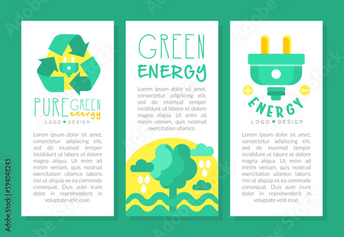 Pure green energy card templates set. Brochure, poster, banner template. Ecology, frinedly power and electricity cartoon vector